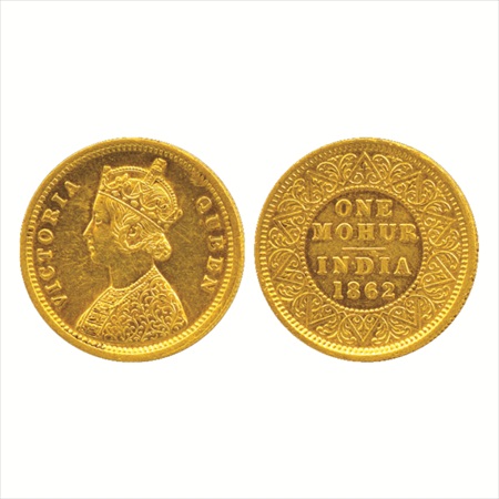 Victoria Queen, Gold Mohur, 11.62g. 1862, Calcutta Mint, Single flower in bottom panel, (P
