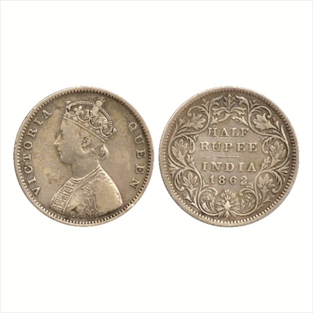 Victoria Queen, Silver ½ Rupee, 1862, Calcutta Mint, C/II, (PR 252). About Very Fine, Scar