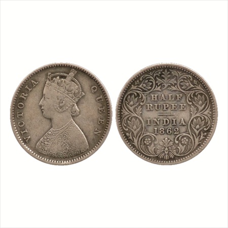 Victoria Queen, Silver ½ Rupee, 1862, Calcutta Mint, A/I, (PR 255). Very Fine+, Rare.