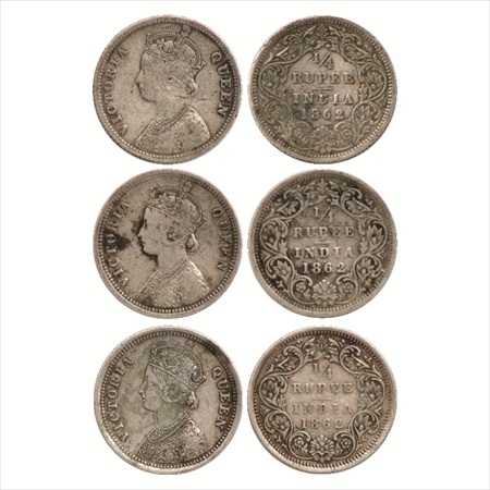 Victoria Queen, Silver ¼ Rupee (3), 1862, Calcutta Mint, A/I, (PR 376), 1862, Bombay Mint,