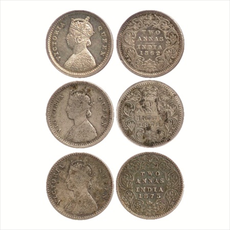 Victoria Queen, Silver 2 Annas (3), 1862 and 1874, Bombay Mint, A/I, (PR 486 & 516) and 18