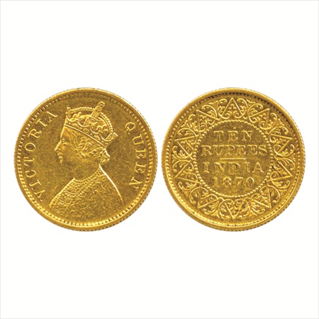 Victoria Queen, Gold Ten Rupees, 7.75g. 1870, Calcutta Mint, traces of C.M. seen in the ce