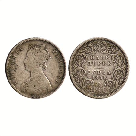 Victoria Empress, Silver ½ Rupee, 1878, Calcutta Mint, A/I/no mm, (PR 262). About Very Fin