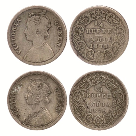 Victoria Queen, Silver ¼ Rupee (2), 1875, Calcutta Mint, A/I/no mm, (PR 380) and 1875, Bom