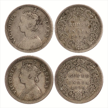 Victoria Queen, Silver ¼ Rupee (2), 1876, Calcutta Mint, A/I/no mm, (PR 381) and 1876, Bom