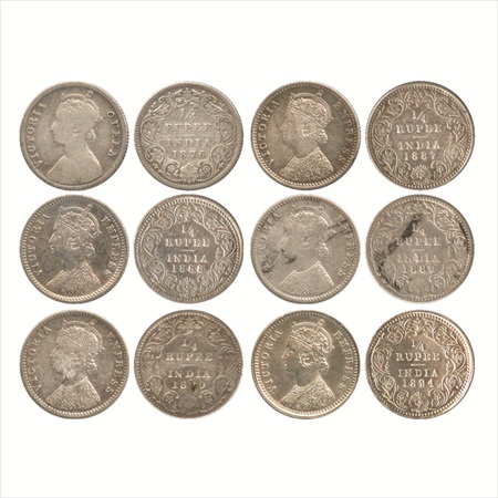 Victoria Queen / Empress, Silver ¼ Rupee (6), 1876, Calcutta Mint, A/I, (PR 381), 1887, Bo