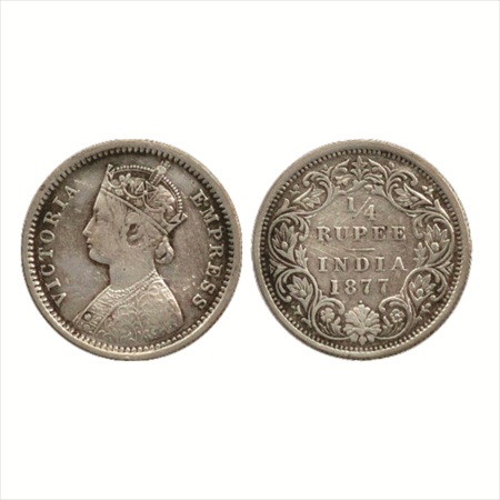 Victoria Empress, Silver ¼ Rupee, 1877, Bombay Mint, B/I/dot, (PR 409). Very Fine, Rare.