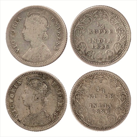 Victoria Empress, Silver ¼ Rupee (2), 1886, Calcutta Mint, C/II/'C' incused, (PR 391) and 