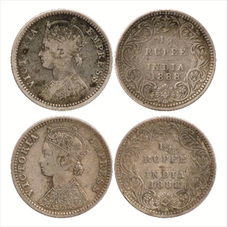 Victoria Empress, Silver ¼ Rupee (2), 1888, Calcutta Mint, C/II/no mm, (PR 393) and 1888, 