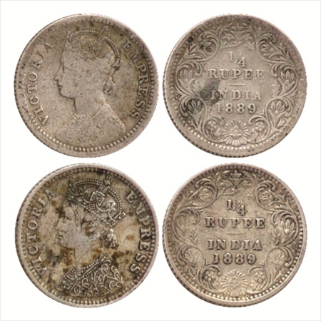 Victoria Empress, Silver ¼ Rupee (2), 1889, Calcutta Mint, C/II/'C' incused, (PR 394) and 