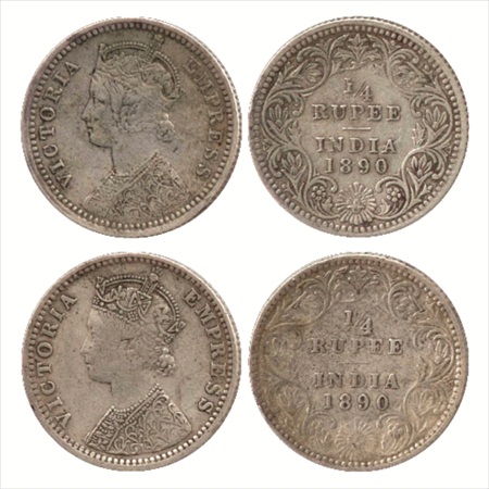 Victoria Empress, Silver ¼ Rupee (2), 1890, Calcutta Mint, C/II/'C' incused, (PR 395) and 