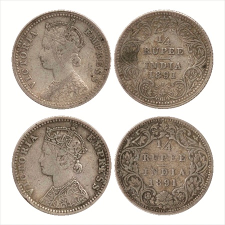 Victoria Empress, Silver ¼ Rupee (2), 1891, Calcutta Mint, C/II/'C' incused, (PR 396) and 
