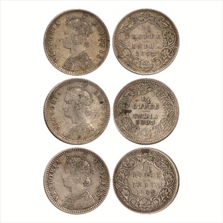 Victoria Empress, Silver ¼ Rupee (3), 1892, Bombay Mint, C/I/'B' incused, (PR 427), 1893, 