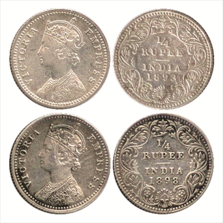 Victoria Empress, Silver ¼ Rupee (2), 1898, Calcutta Mint, C/II/'C' incused, (PR 402). (2 