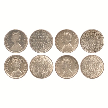 Victoria Queen / Empress, Silver 2 Annas (4), 1875, Calcutta Mint, A/I, (PR 489), 1877, Ca