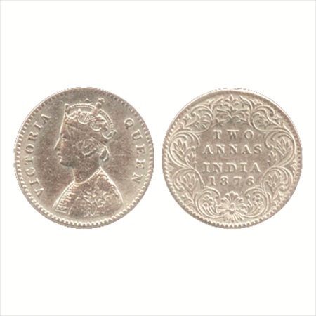 Victoria Queen, Silver 2 Annas, 1876, Calcutta Mint, A/I, (PR 490). Fine+, Rare.