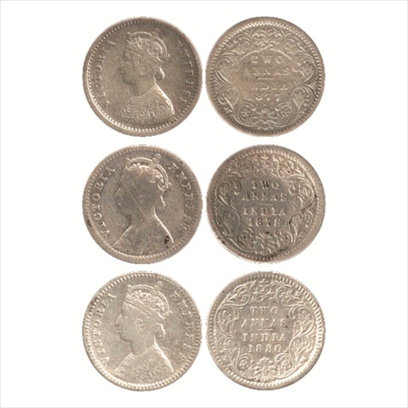 Victoria Empress, Silver 2 Annas (3), 1877, Bombay Mint, A/I/dot, (PR 520) and 1878, B/II/