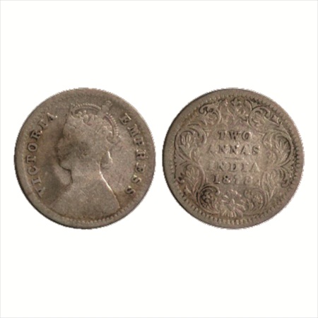 Victoria Empress, Silver 2 Annas, 1878, Calcutta Mint, B/II, (PR 493). Fine+, Rare.