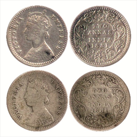 Victoria Empress, Silver 2 Annas (2), 1881, Calcutta Mint, B/II/'C' incused, (PR 496) and 