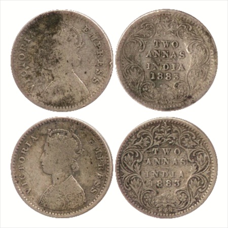 Victoria Empress, Silver 2 Annas (2), 1883, Calcutta Mint, B/II/'C' incused, (PR 498) and 
