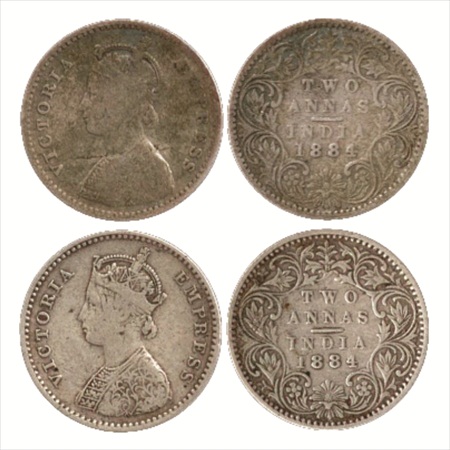 Victoria Empress, Silver 2 Annas (2), 1884, Bombay Mint, A/I/no mm, planchet flaw on obver