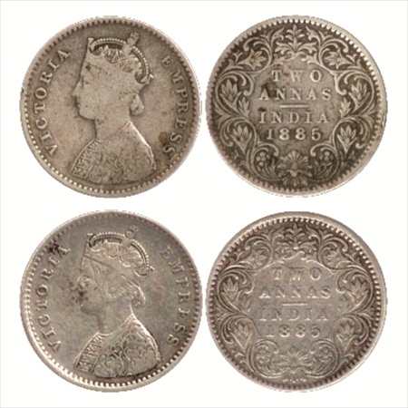 Victoria Empress, Silver 2 Annas (2), 1885, Bombay Mint, A/I/no mm, (PR 536A) and A/I/'B' 