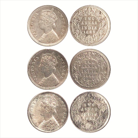 Victoria Empress, Silver 2 Annas (3), 1897, 1898 and 1901, Calcutta Mint, B/II/'C' incused