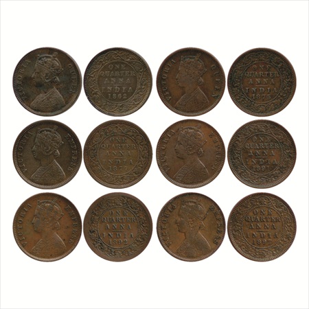 Victoria Queen / Empress, Copper ¼ Anna (6), 1862, Madras Mint, A/I, (PR 604), 1875, Calcu