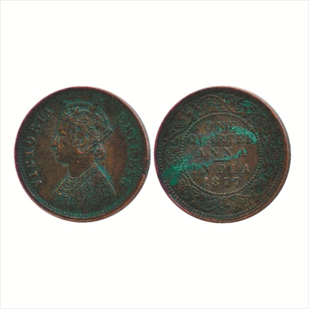 Victoria Empress, Copper ¼ Anna, 1877, Bombay Mint, B/I, (PR 637). Greenish patches on bot