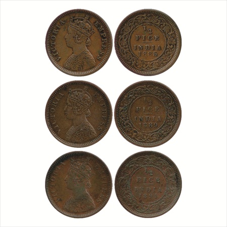 Victoria Empress, Copper ½ Pice (3), 1885, 1889 and 1894, Calcutta Mint, (PR 717, 721 & 72