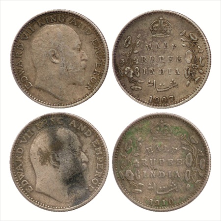 Edward VII, Silver ½ Rupee (2), 1907 and 1910, Bombay Mint, (PR 316 & 317). Very Fine, Sca