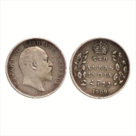 Edward VII, Silver 2 Annas, 1909, Calcutta Mint, (PR 562). Very Fine, Rare.