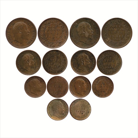 Edward VII (7), Copper/Bronze, ¼ Anna (2), 1904 and 1909, (PR 647 & 654), ½ Pice (2), 1907
