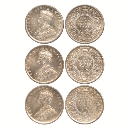 George V, Silver ½ Rupee (3), 1921, 1926 and 1927, Calcutta Mint, no dot, (PR 324, 329 & 3