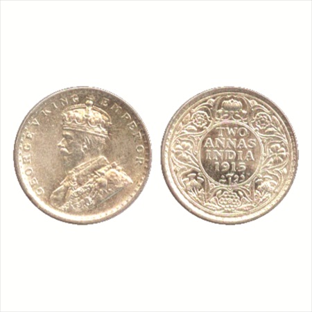 George V, Silver 2 Annas, 1915, Calcutta Mint, no dot, (PR 568). UNC, Scarce.
