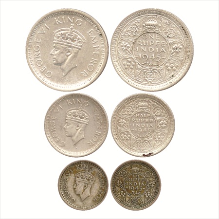 George VI, Half Silver Rupee, ½ Rupee and ¼ Rupee, 1945, all Lahore Mint, Large 5. (3 Coin