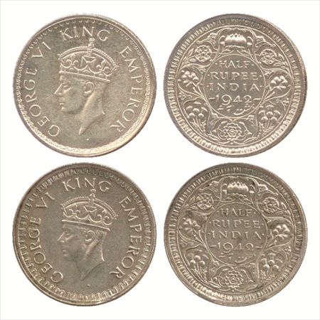 George VI, Half Silver ½ Rupee (2), 1942, Bombay Mint, 1st coin Big effigy and 2nd coin Sm
