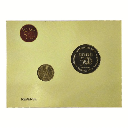 2006, 50 Years Celebration of ONGC, UNC set of 2 coins, 50 Rupees and 5 Rupees, Kolkata Mi
