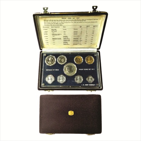 1971, Food for All, VIP Proof set of 9 coins, 10 Rupees, 1 Rupee, 50 Paise, 20 Paise, 10 P