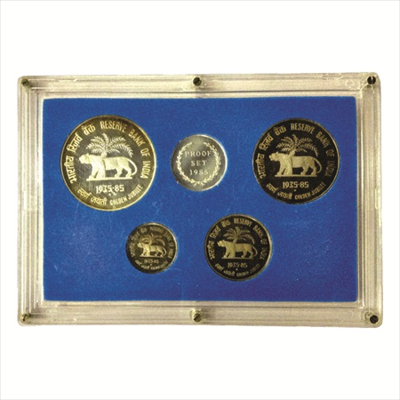 1985, Reserve Bank of India-Golden Jubilee, Proof set of 4 coins, 100 Rupees, 10 Rupees, 2