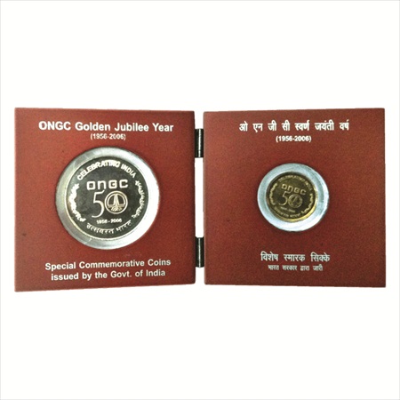 2006, 50 Years Celebration of ONGC, VIP Proof set of 2 coins, 50 Rupees and 5 Rupees, Kolk