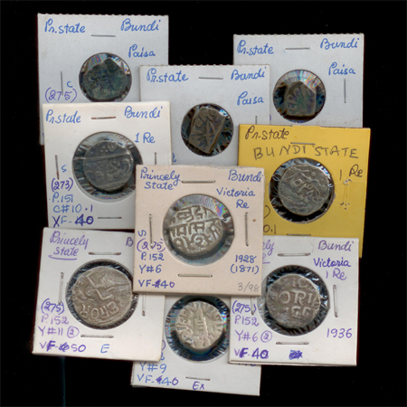 Bundi, a lot of 9 coins, 6x Silver Rupee and 3x Copper Paisa. Various types. (9 Coins)
