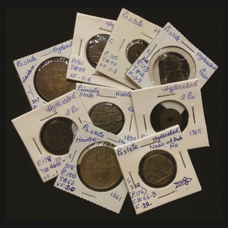 Hyderabad, a lot of 9 coins, 3x Silver Rupees and 6x Copper coins. (9 Coins)