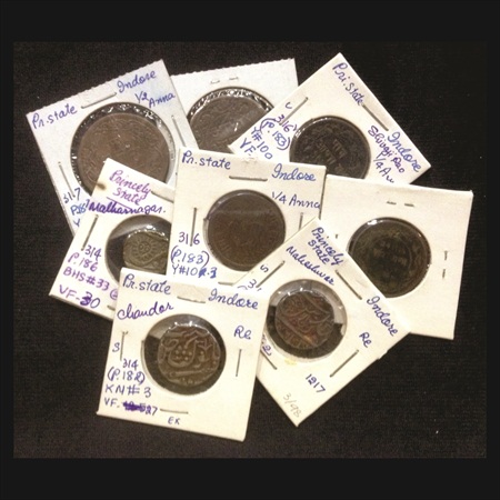 Indore, a lot of 8 coins, 3x Silver Rupees and 5x Copper 2 Paisa and Paisa. (8 Coins)