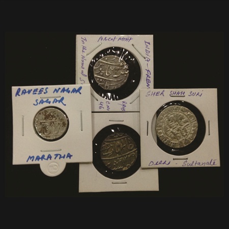 A lot of 4 Silver Rupee, 1x Sher Shah Suri, 1x Arkat, 1x Ravisnagar Sagar Mint and 1x Beng