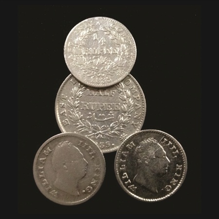 William IV, Silver (4), 1835, 1x ½ Rupee and 3x ¼ Rupee. (4 Coins)
