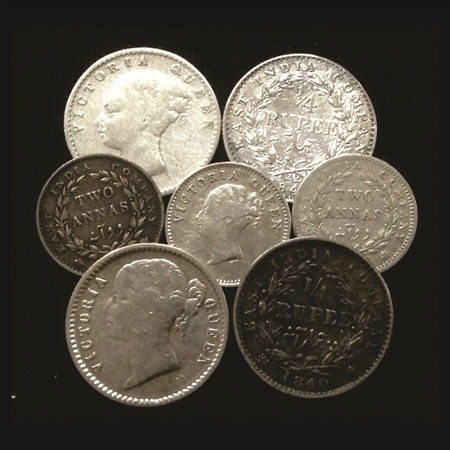 Victoria Queen, 1840 and 1841, Silver Coins (7), 2x ¼ Rupee Continuous Legend type, 3x 2 A