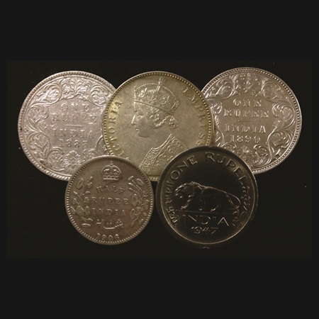 A lot of 5 Coins, 3x Victoria, Silver Rupee, 1883 (2) and 1890, 1x Edward, ½ Rupee 1906 an