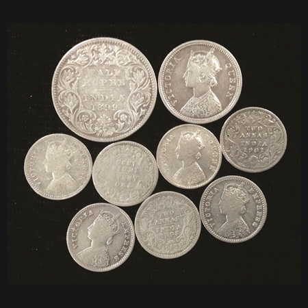 Victoria Queen and Empress, Silver coins (9), 1x ½ Rupee, 1899, 1x ¼ Rupee 1862 and 7x 2 A