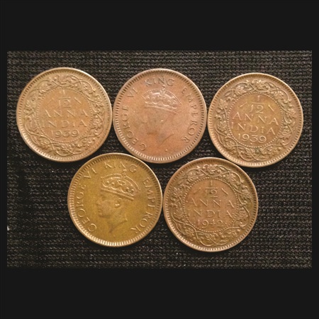 George VI, Copper 1/12 Anna (5), 3x 1939, 1x 1941 and 1x 1942. (5 Coins)